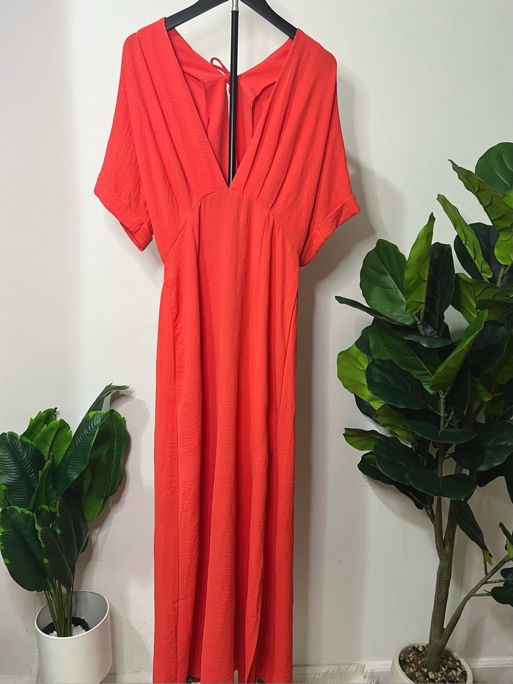 Women's V-Neck Bright Coral Maxi Dress